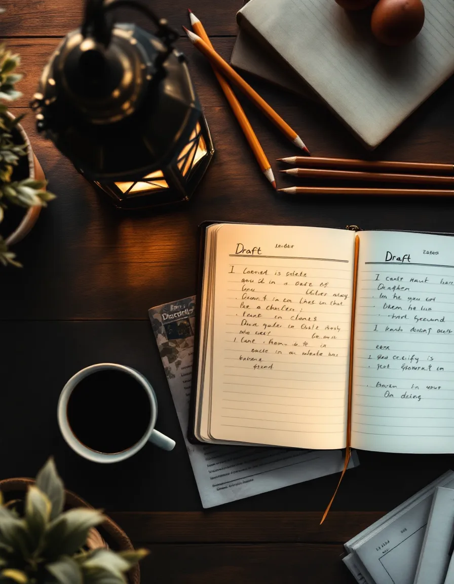 Aerial view of an editor's desk — an open ledger, marked-up draft pages, a brass lantern, and coffee arranged under warm morning light.